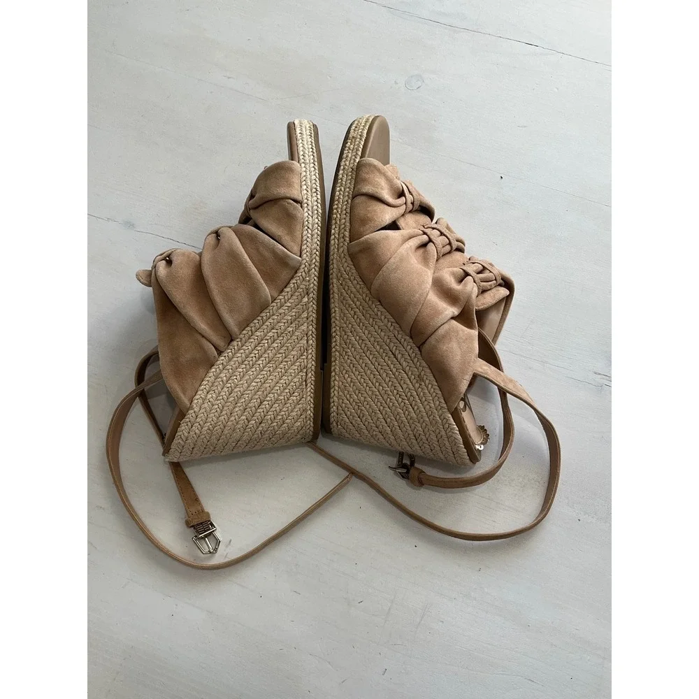 Sam Edelman Tan Suede Espadrille Wedge Sandals Bow Ankle Strap Women Size 6.5M‎